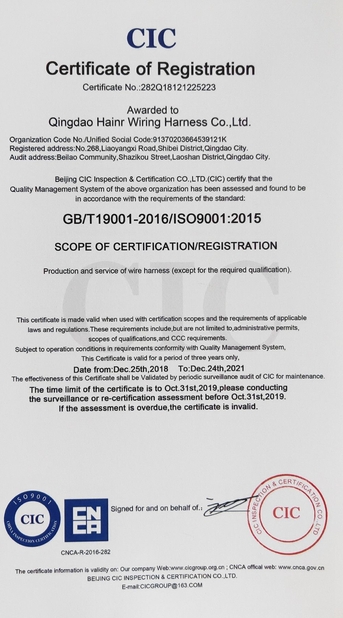 Chine Qingdao Hainr Wiring Harness Co., Ltd. Certifications